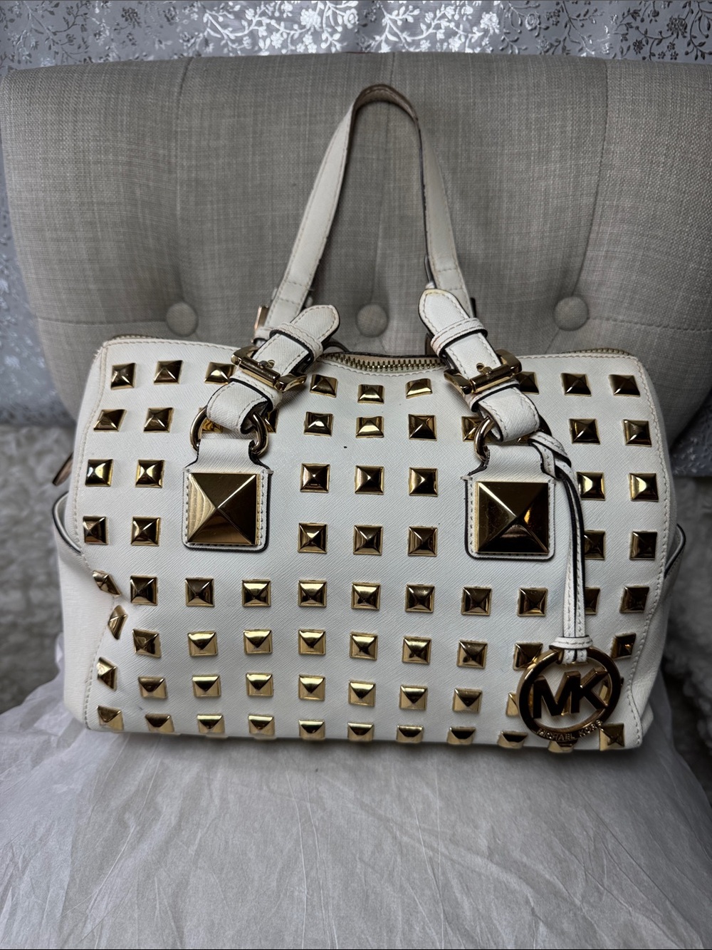 Michael Kors Cream Leather Studded Satchel with Gold Hardware